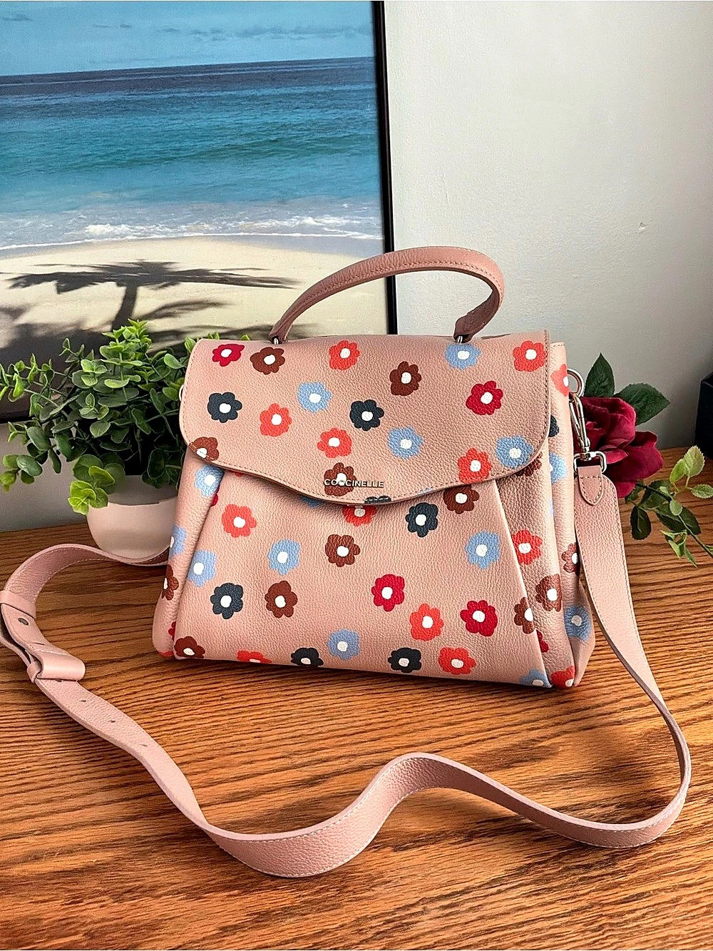 Coccinelle Flower Print Leather Handbag in Blush Pink